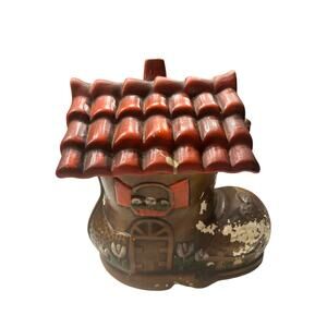 Vintage Boot Shoe Cookie Jar Ceramic Old Woman Who Lived In A Shoe Hand Painted